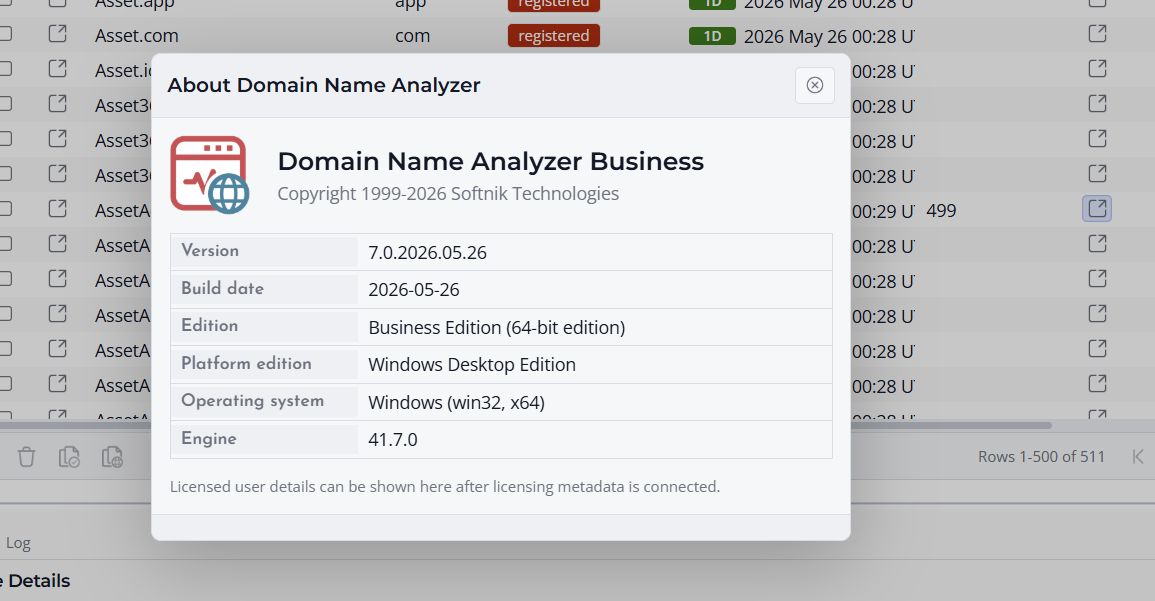 Screenshot of About Domain Name Analyzer window