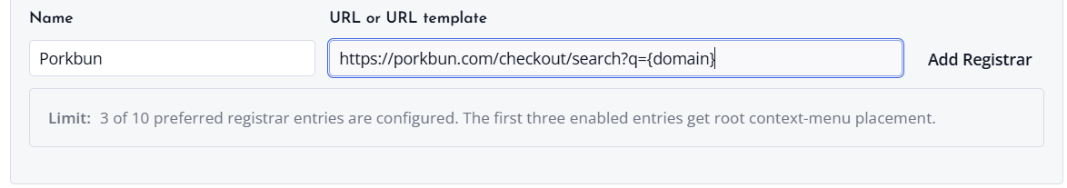 Screenshot of Add Registrar Link