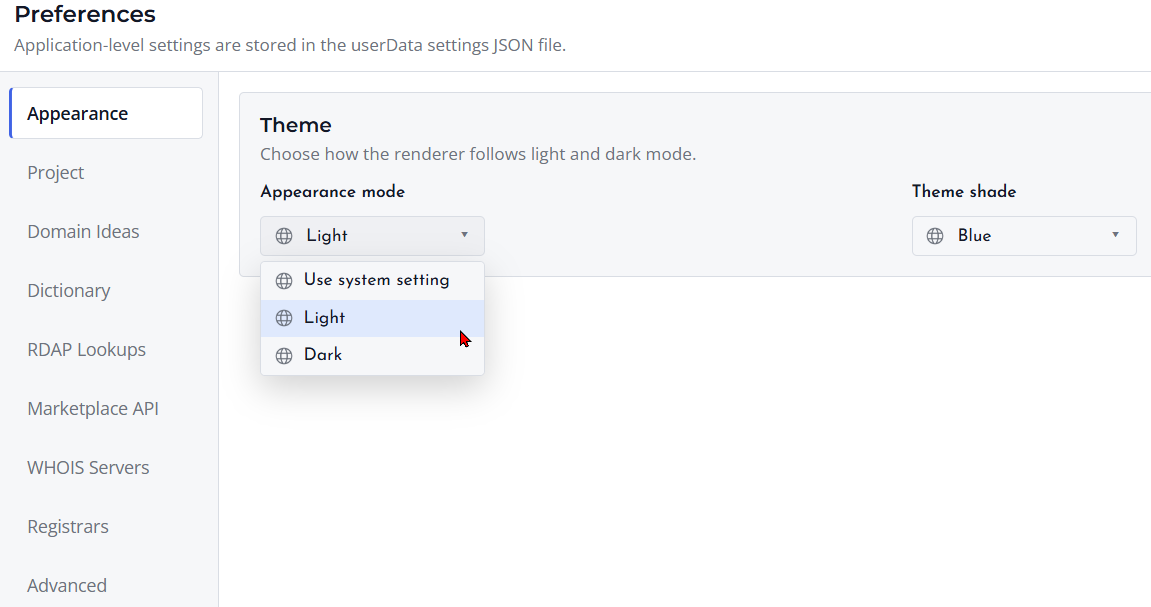 Screenshot of Appearance preferences