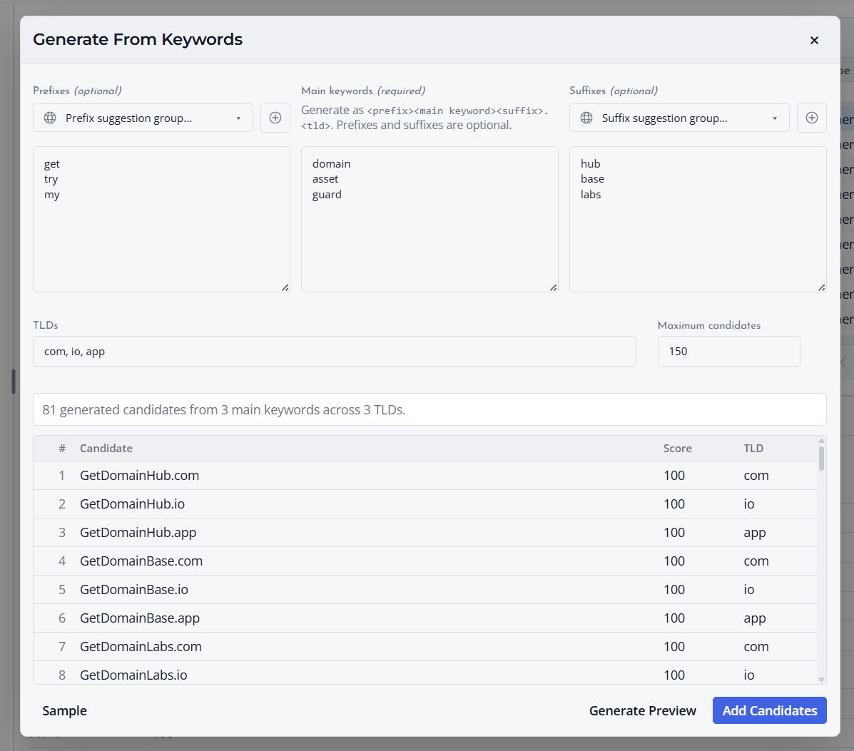 Screenshot of Candidate Preview List