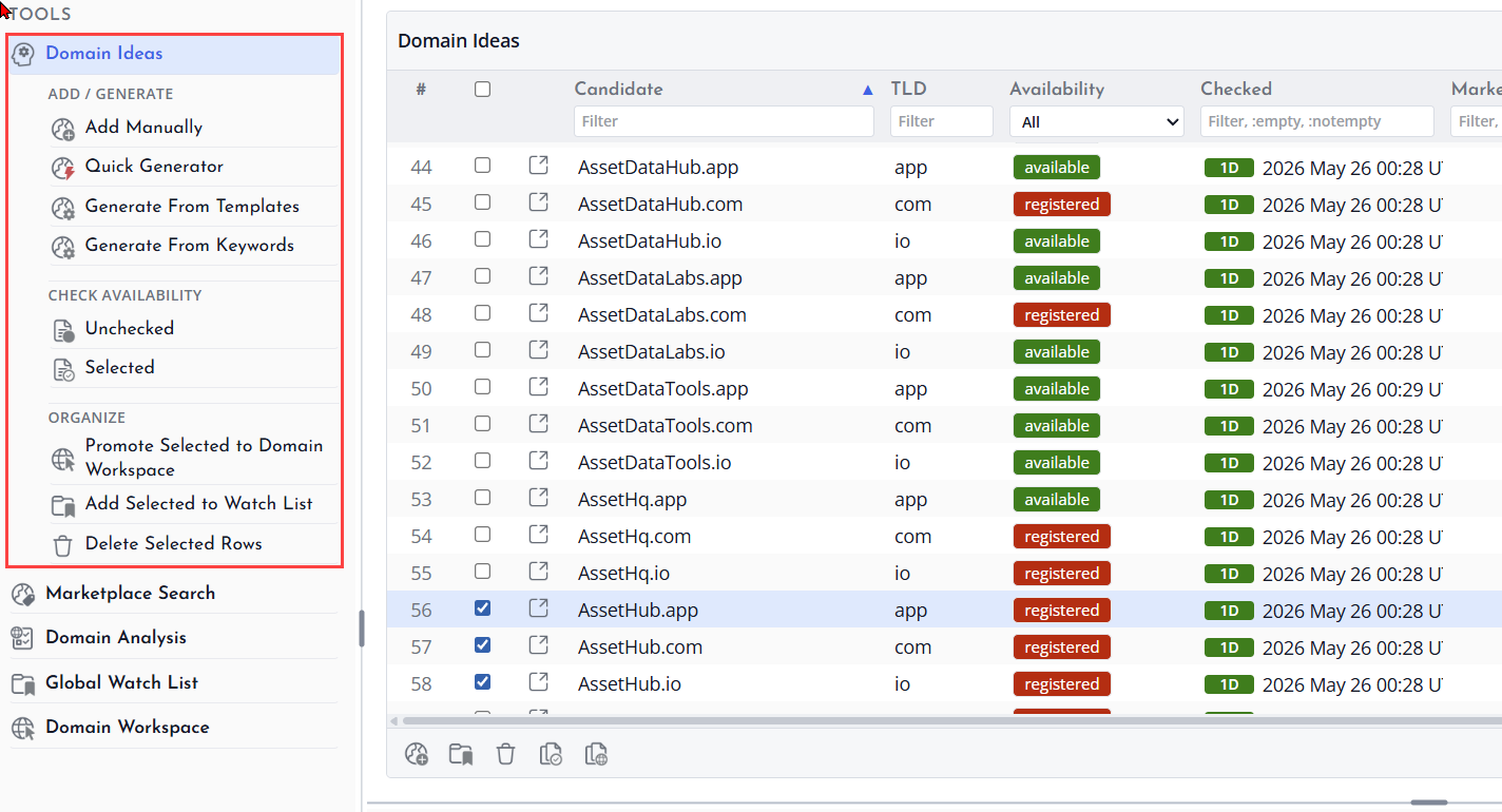 Screenshot of Domain Ideas view