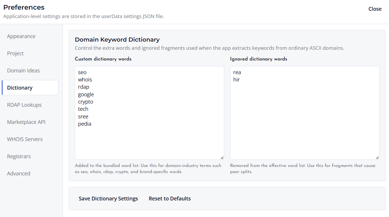 Screenshot of Domain Keyword Dictionary