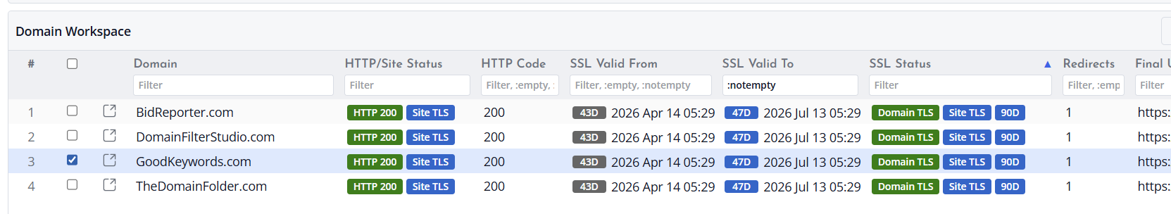 Screenshot of domain lookup field columns