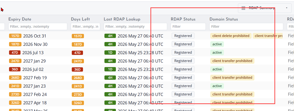 Screenshot of Domain RDAP Status Columns