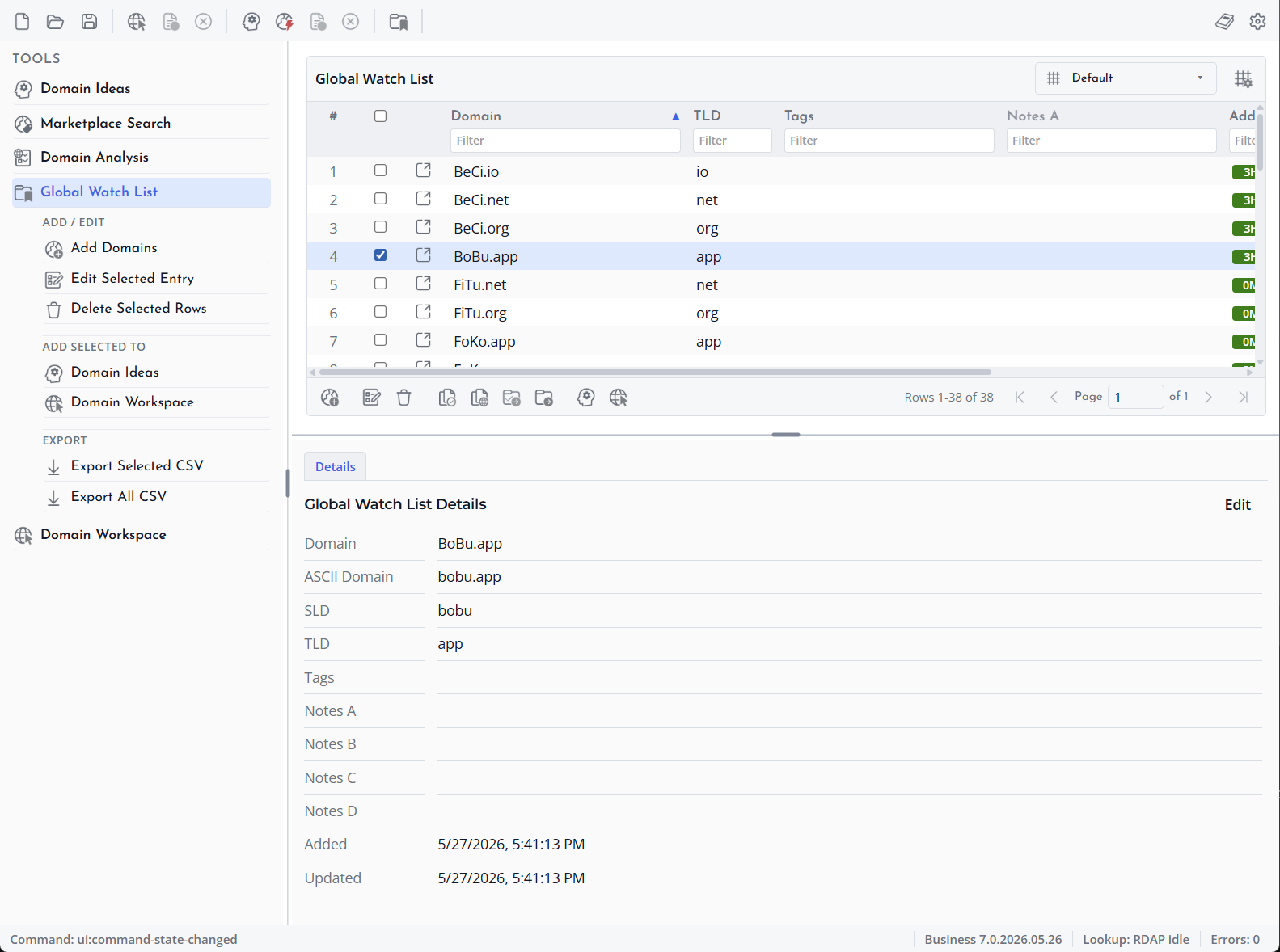 Screenshot of Global Watch List view