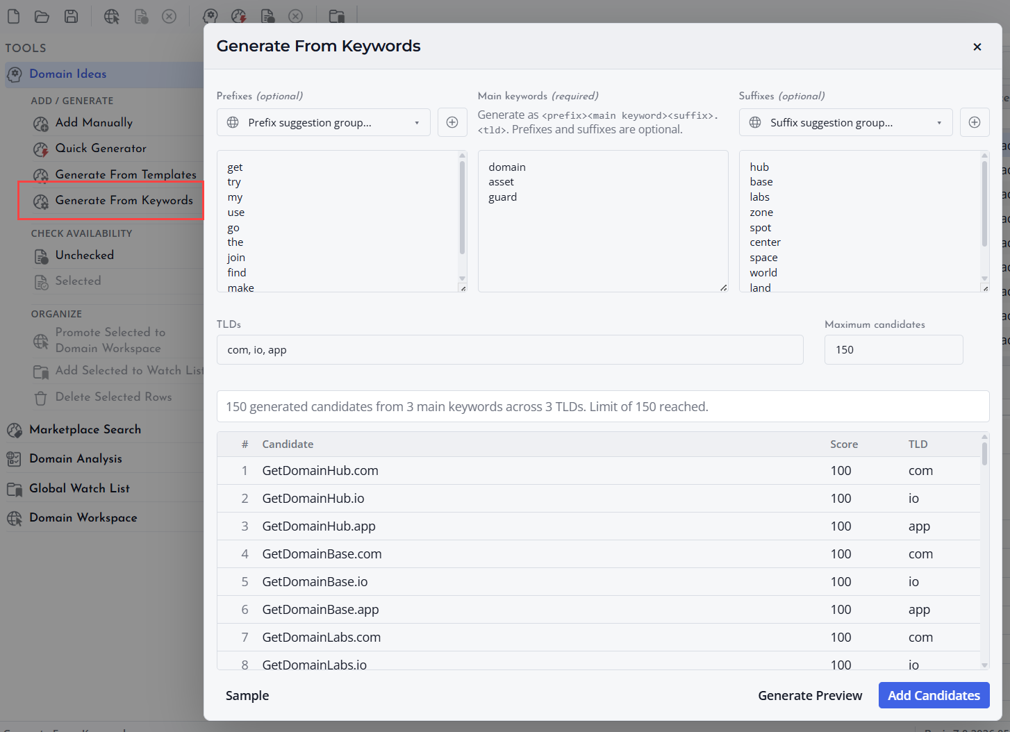 Screenshot of Keyword generator preview