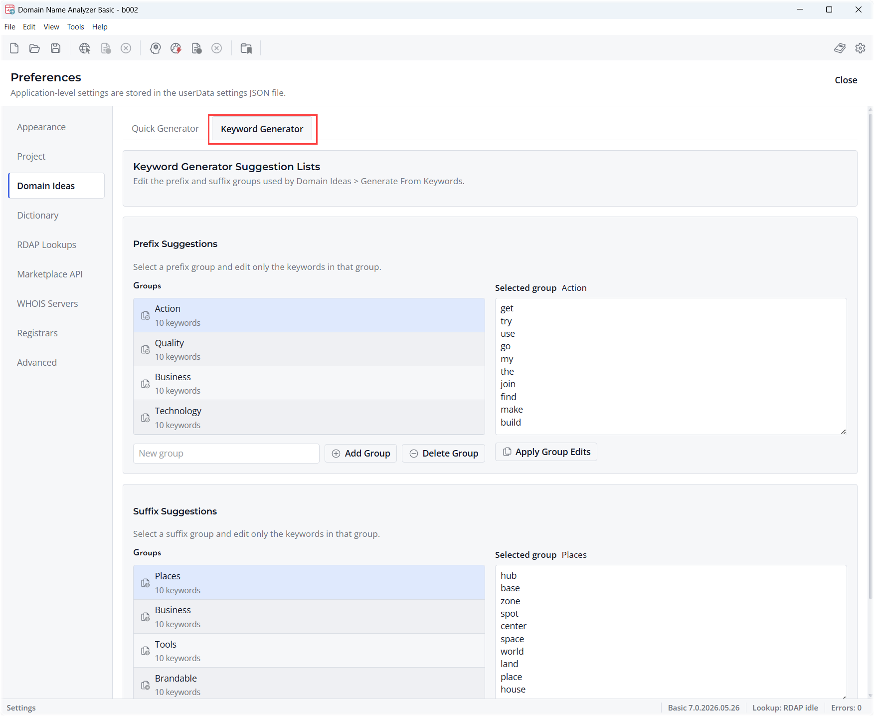 Screenshot of Keyword Suggestion Lists