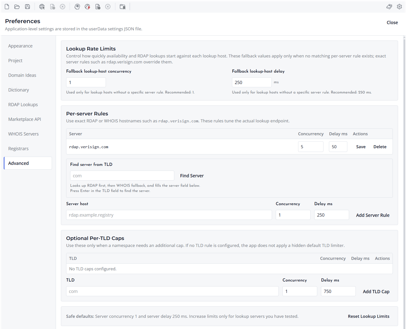Screenshot of Lookup Rate Limits