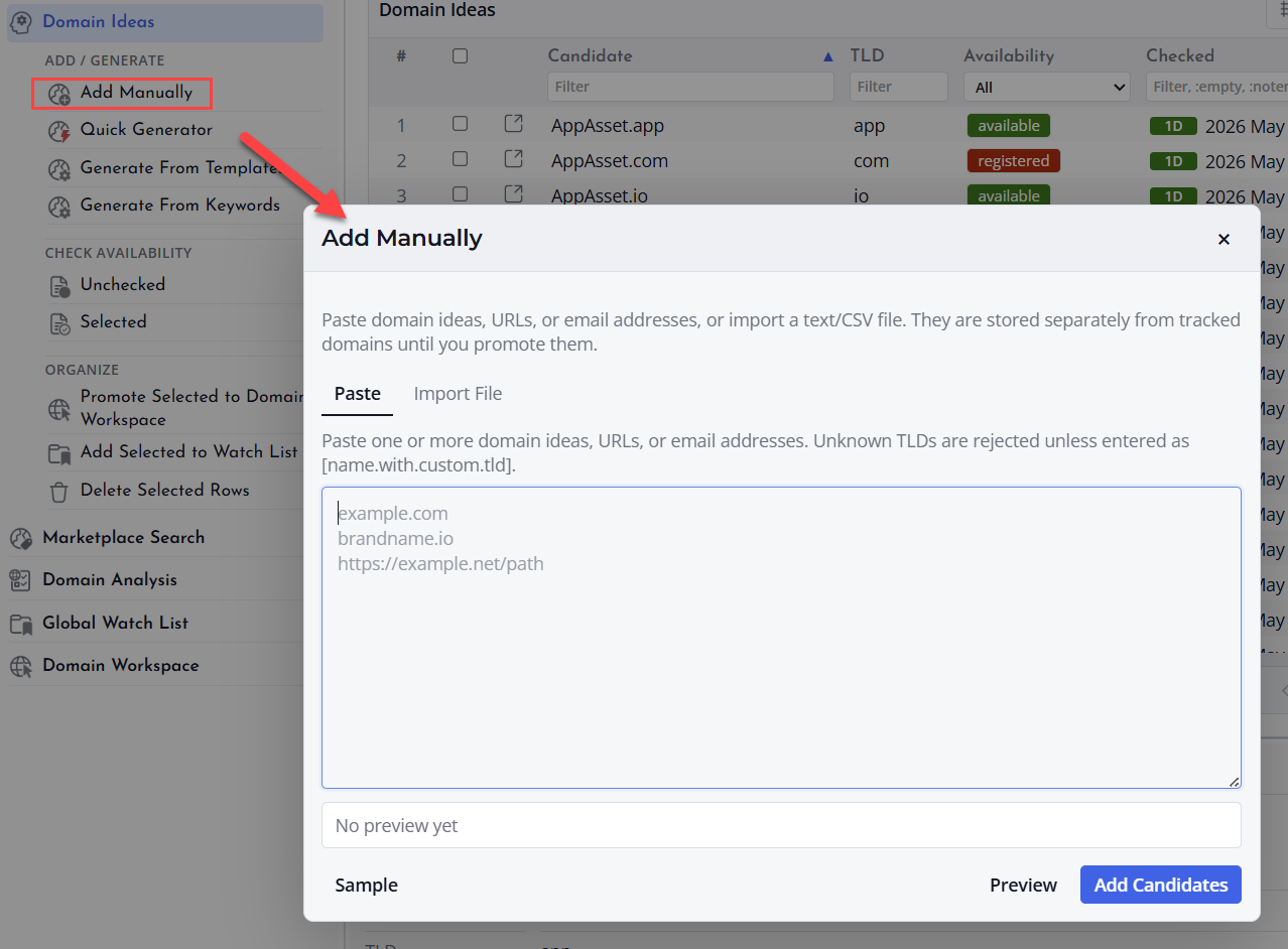 Screenshot of Manual candidate entry dialog