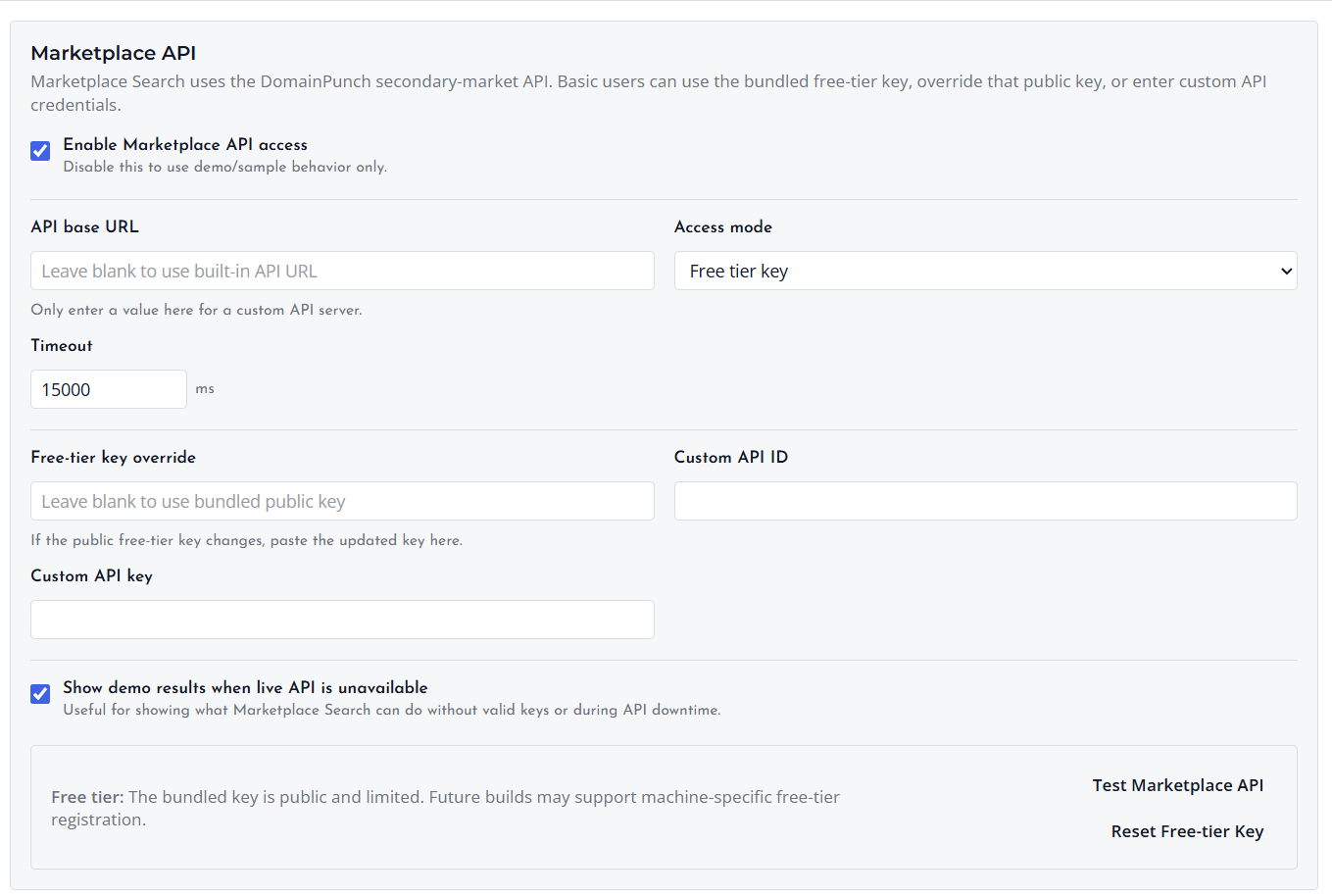 Screenshot of Marketplace API Preferences