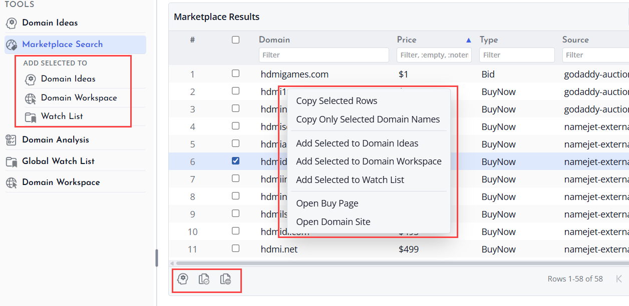 Screenshot of Marketplace Results Actions