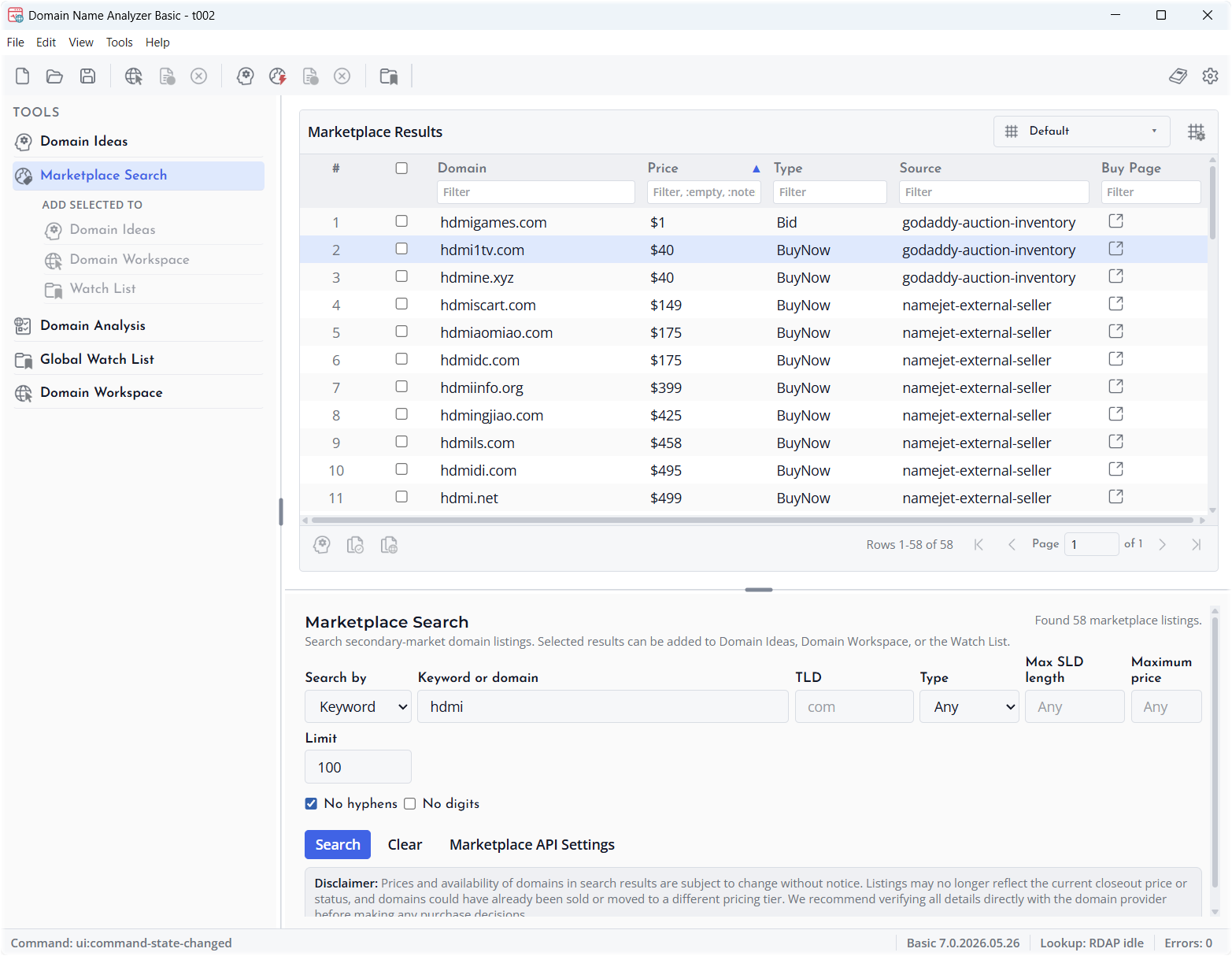 Screenshot of Marketplace Search view