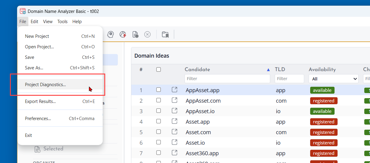 Screenshot of Project Diagnostics Menu
