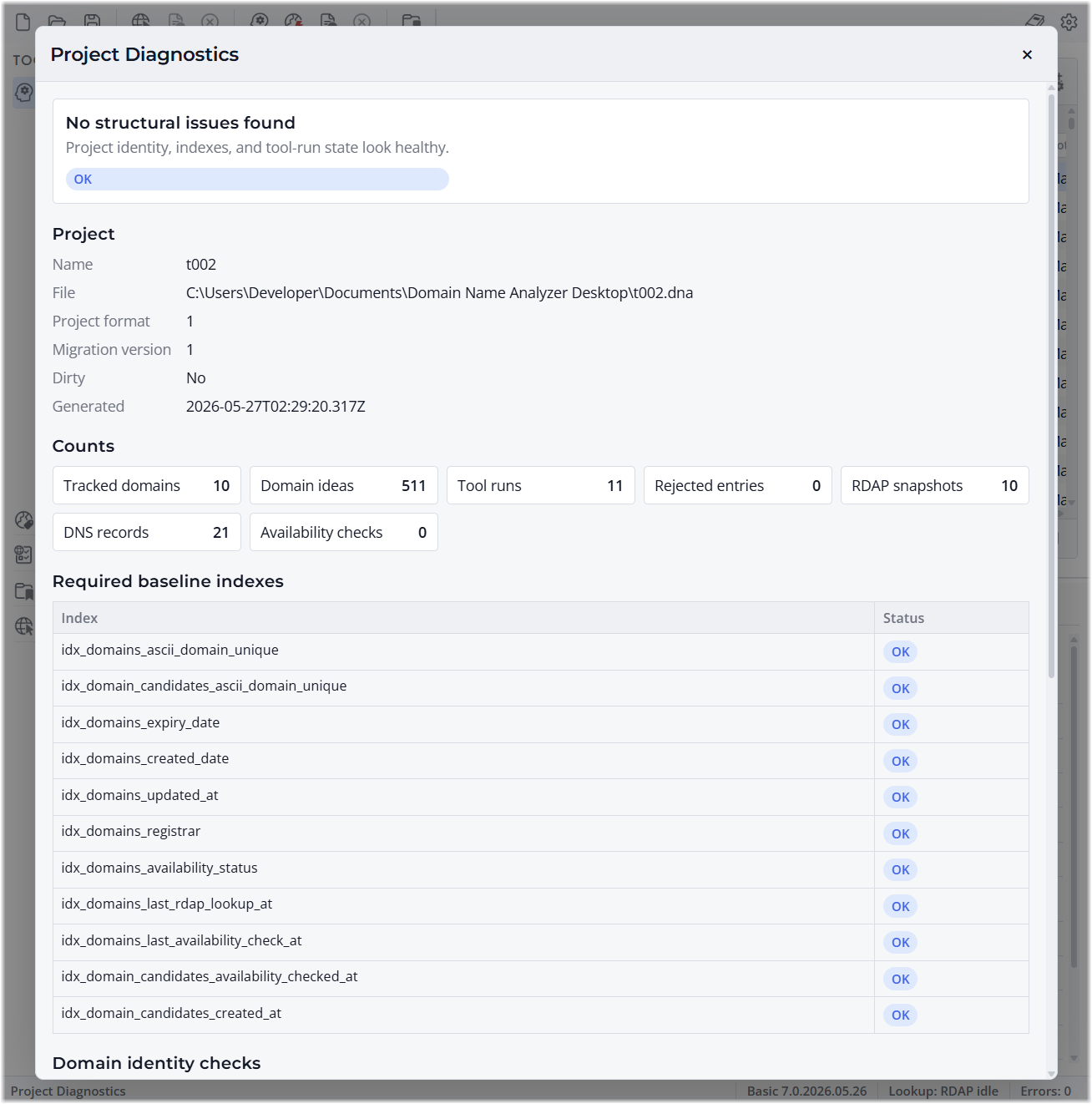 Screenshot of Project Diagnostics Window