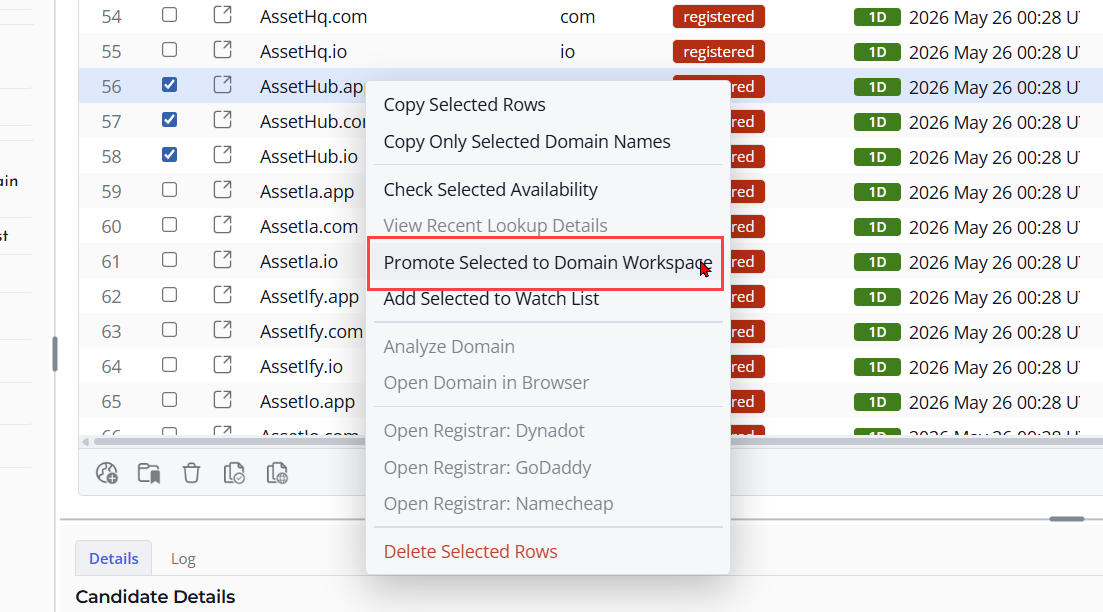 Screenshot of Selected candidates ready to add to the Domain Workspace