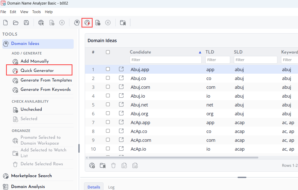Screenshot of Quick Generator button