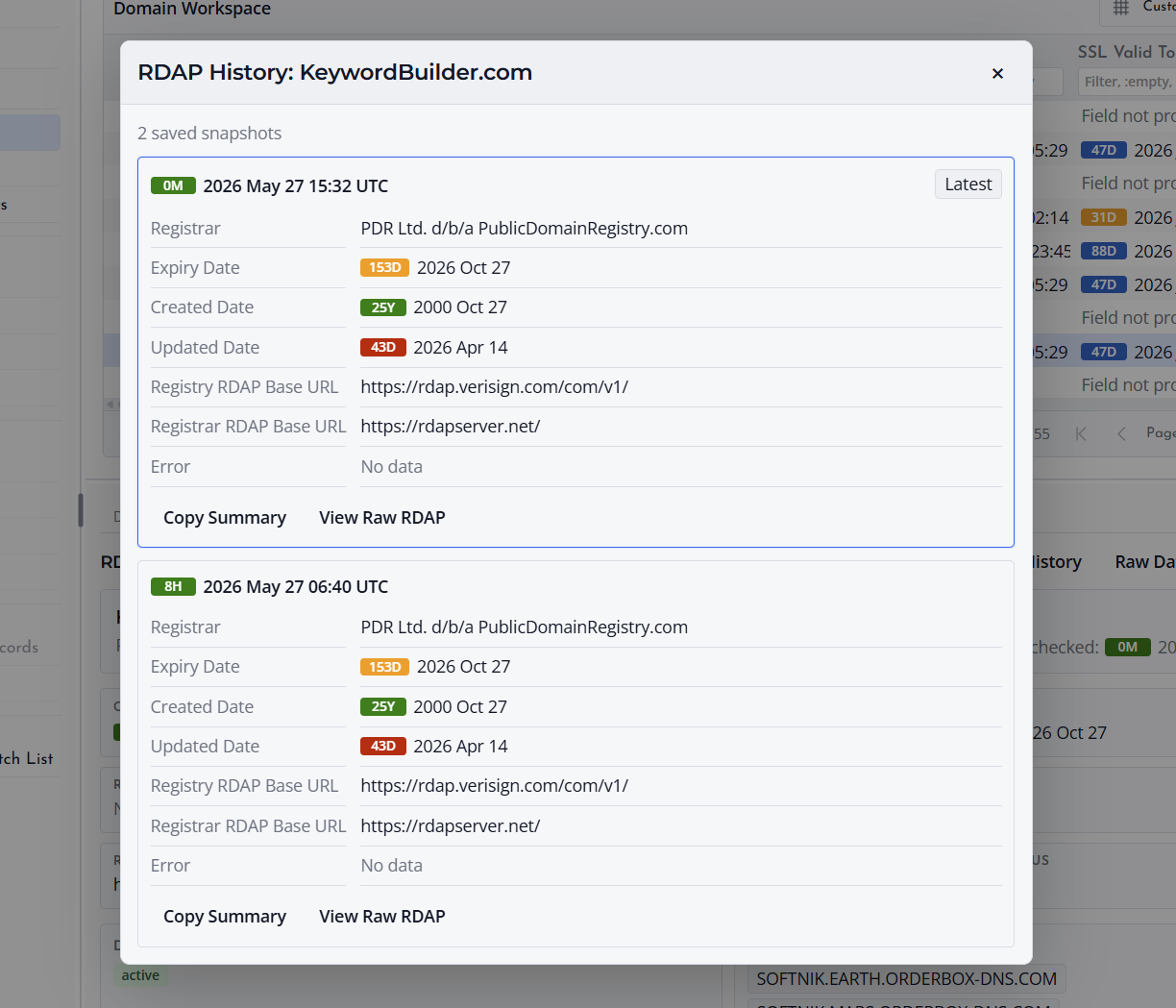Screenshot of Raw Data History