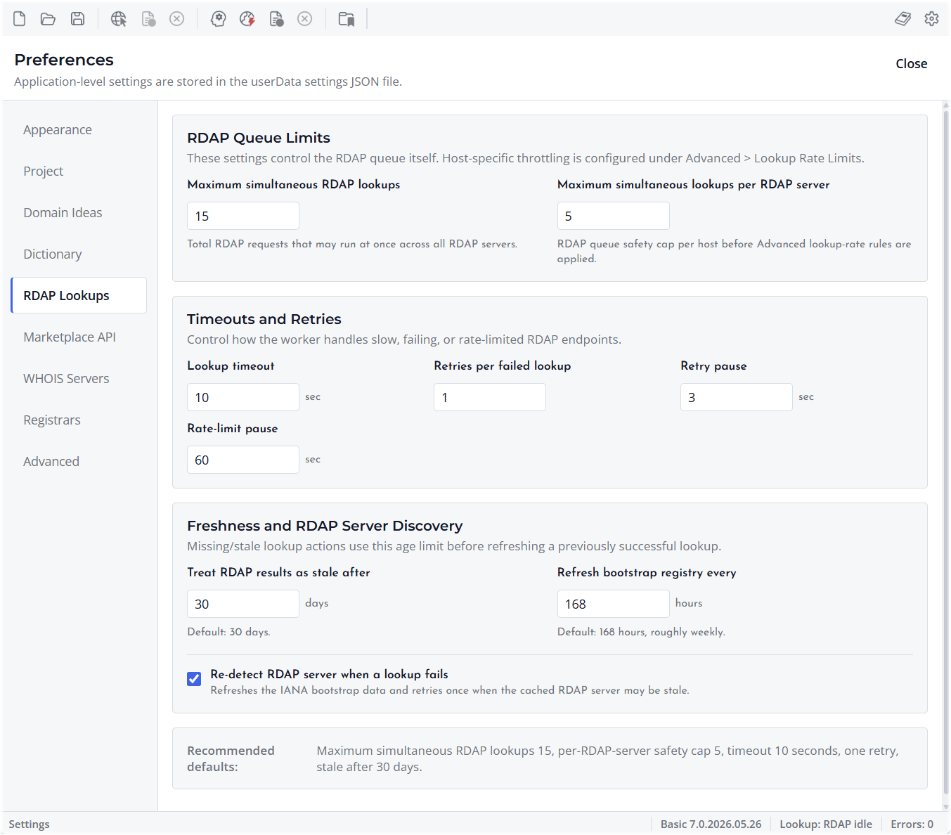 Screenshot of RDAP Preferences