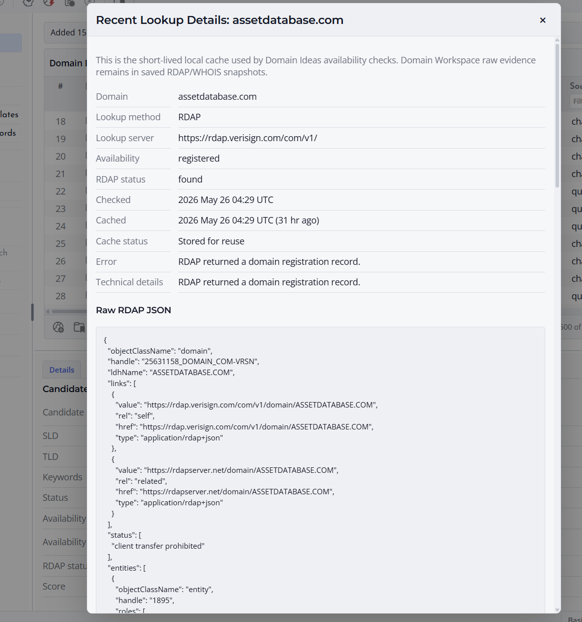 Screenshot of Recent lookup details for a candidate domain