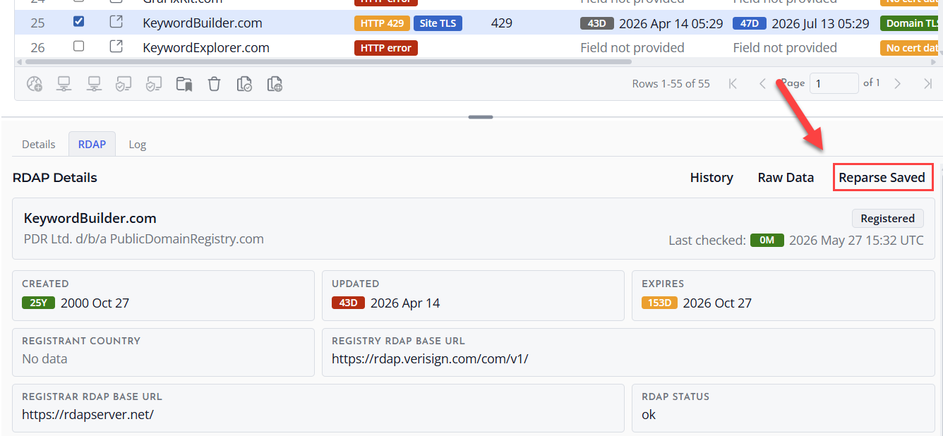 Screenshot of Reparse RDAP Data
