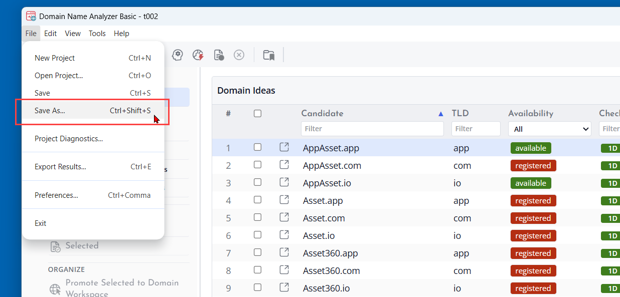 Screenshot of Save As Project File