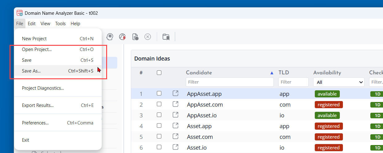 Screenshot of Save Project Command