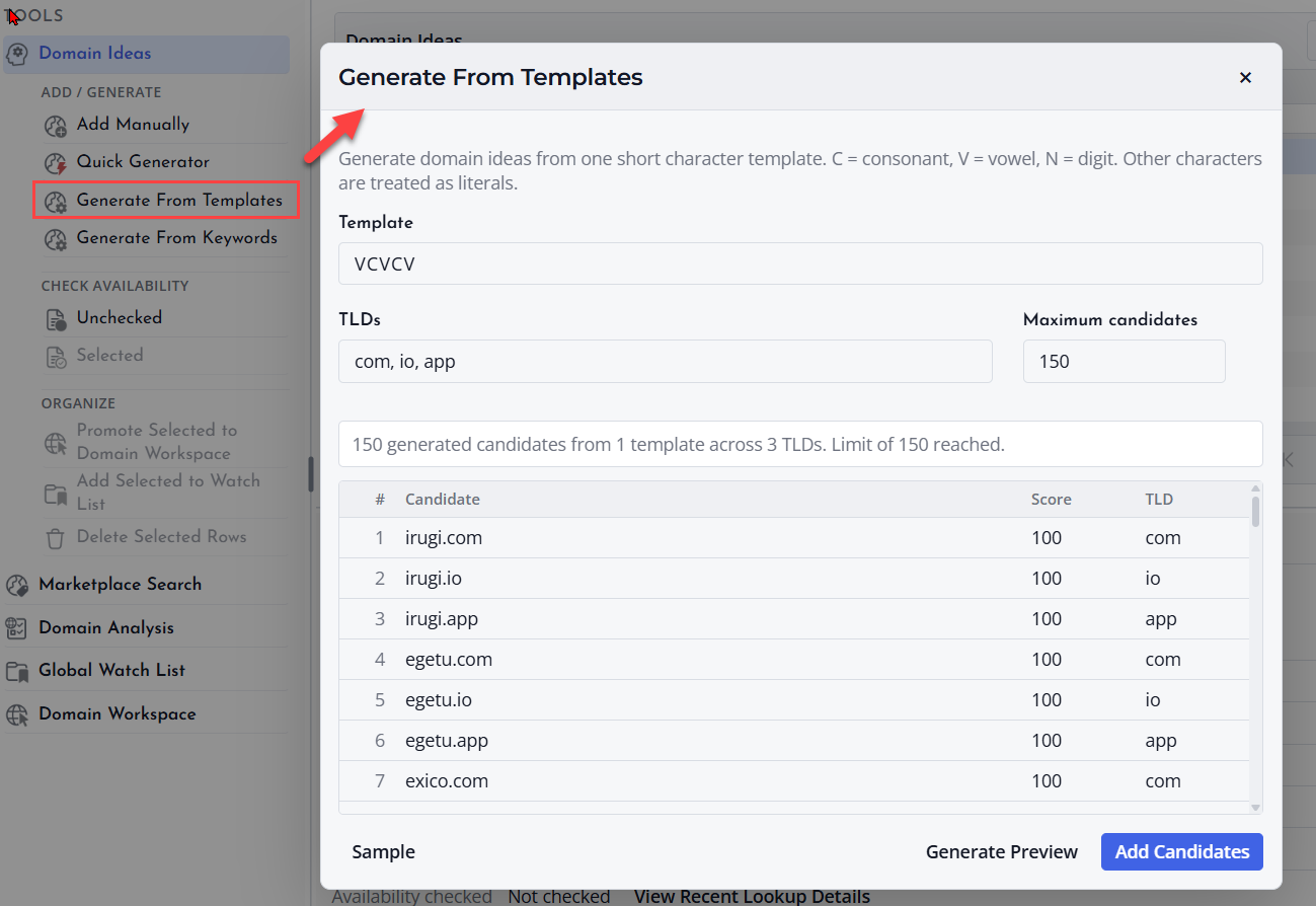 Screenshot of Template generator preview