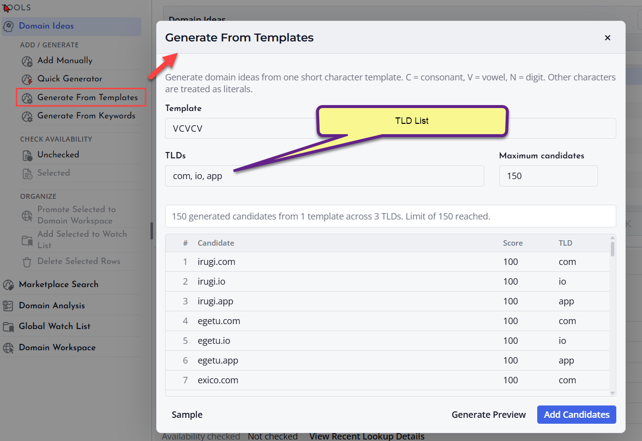 Screenshot of TLD list selection