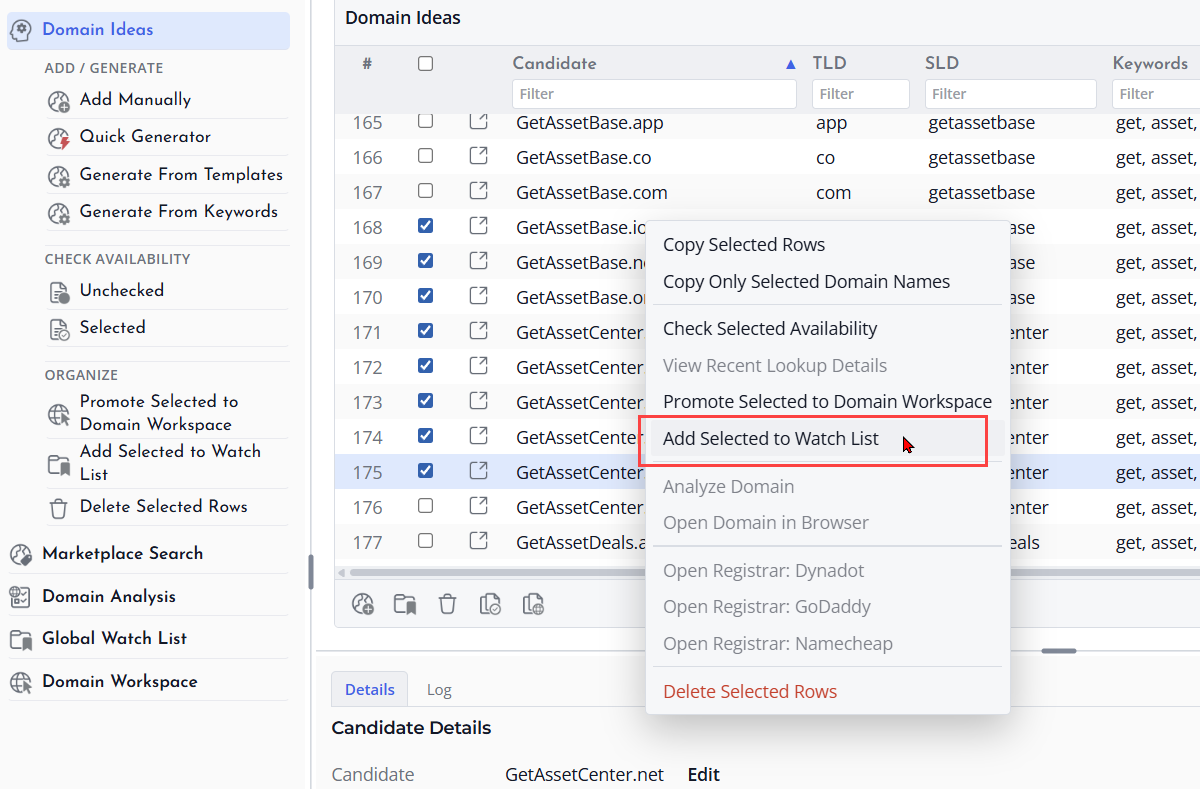 Screenshot of Watch List Add Domain