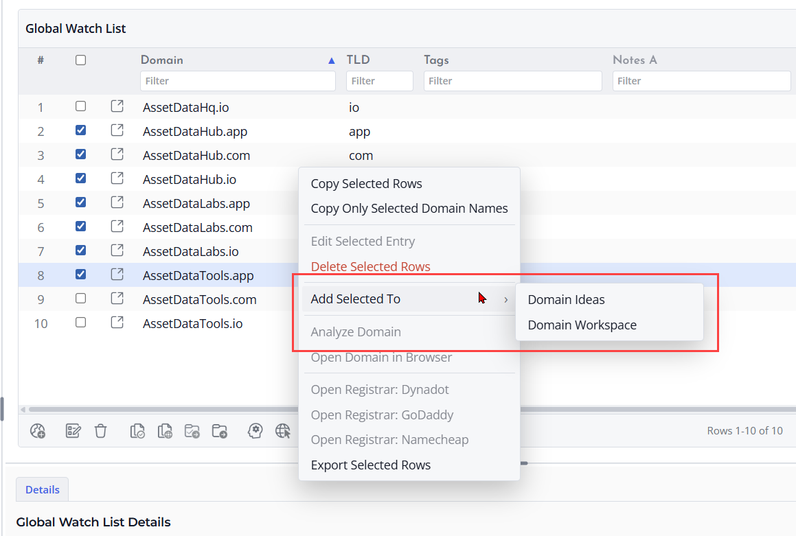 Screenshot of Watch List Add To Workspace
