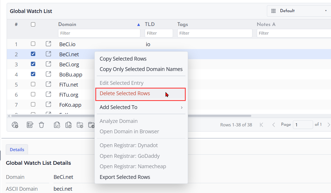 Screenshot of Watch List Delete Rows