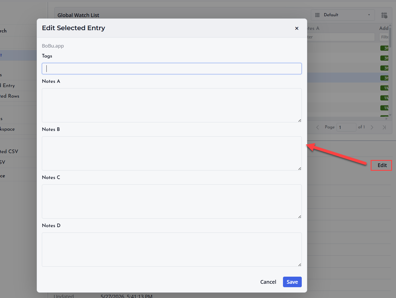 Screenshot of Watch List Edit Entry