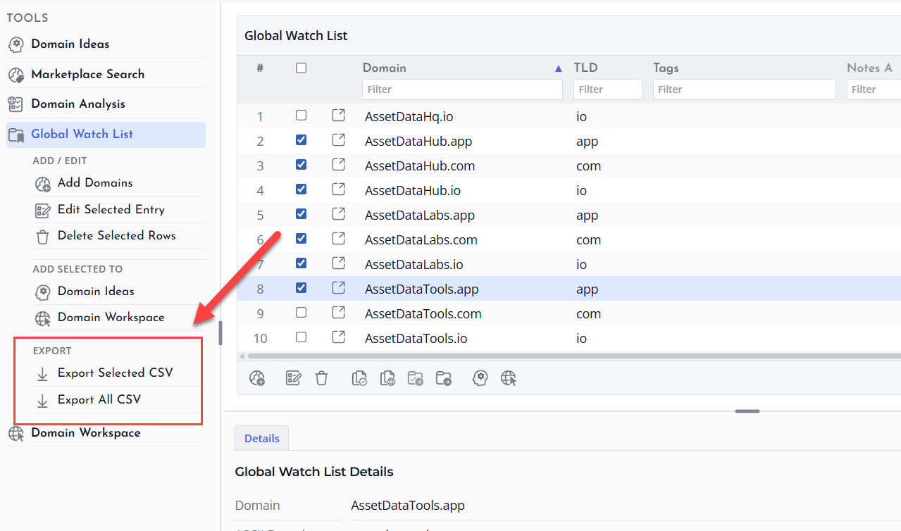 Screenshot of Watch List Export