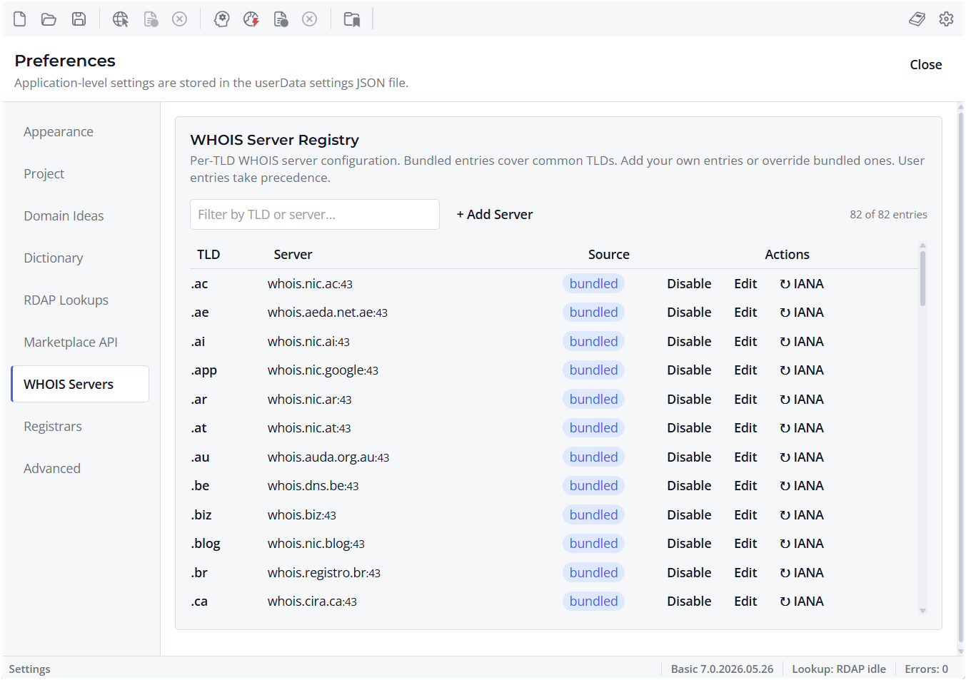 Screenshot of WHOIS Server Registry