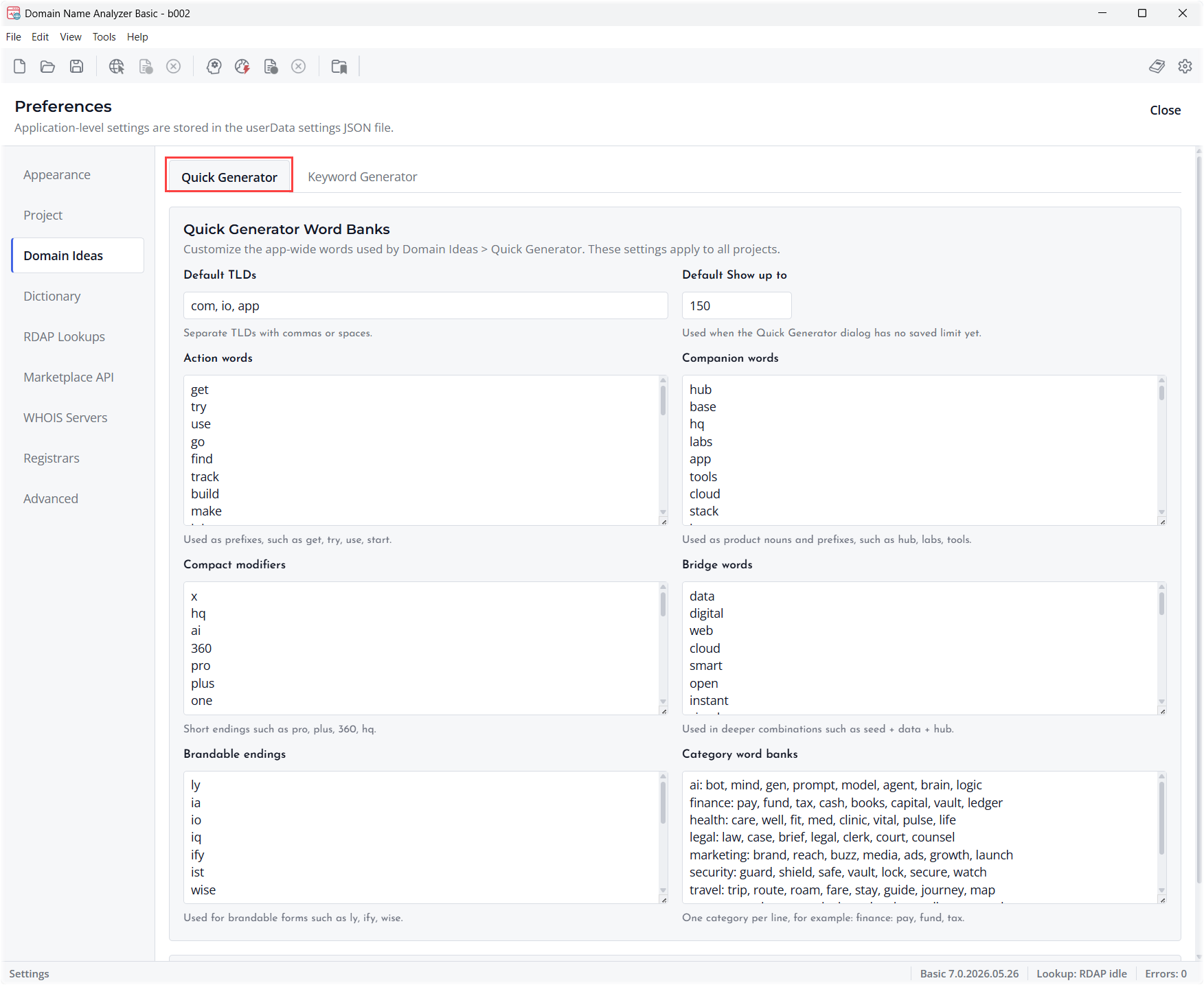 Screenshot of Word Banks Preferences