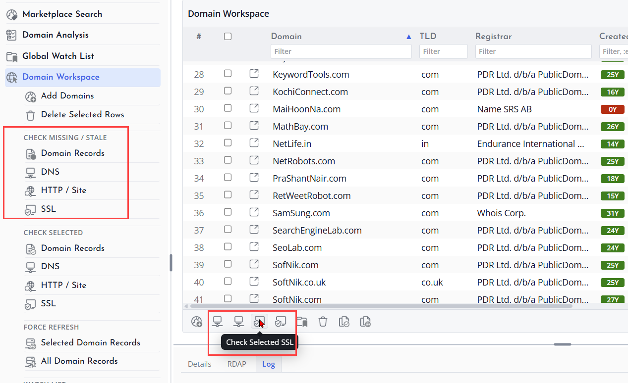 Screenshot of Domain Workspace check actions