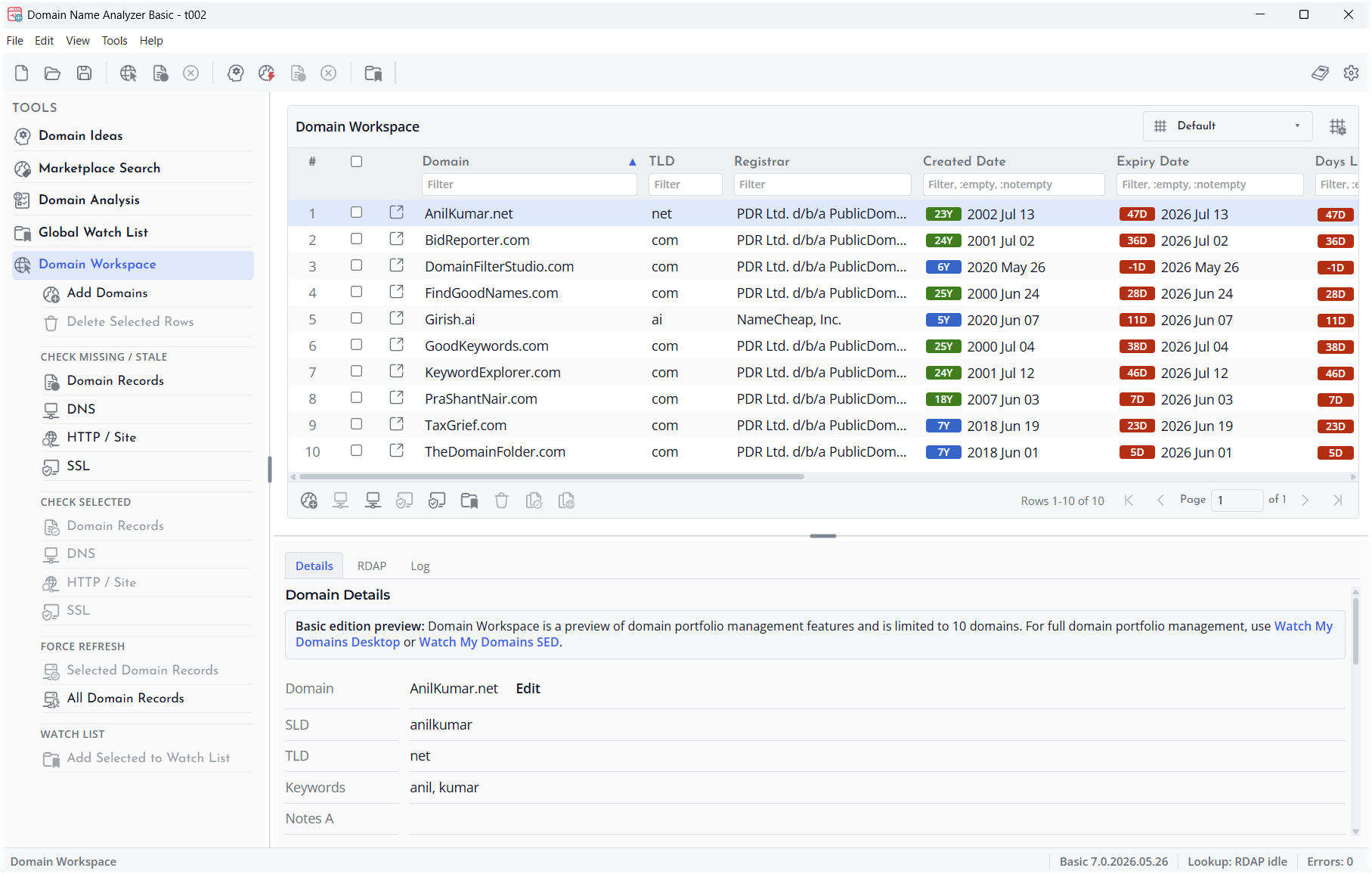 Screenshot of Domain Workspace
