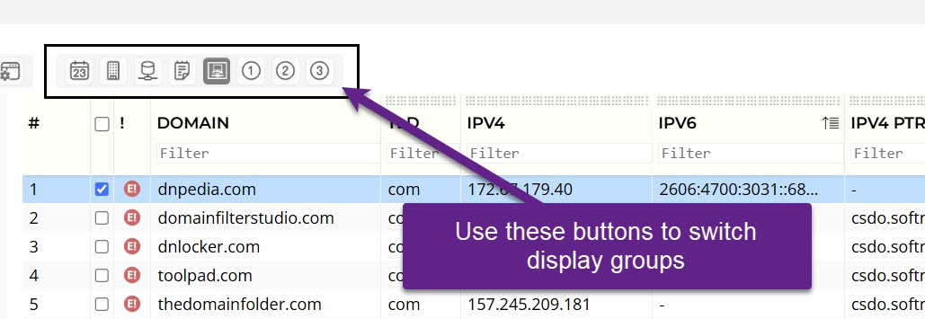 Toolbar buttons to select domain display groups