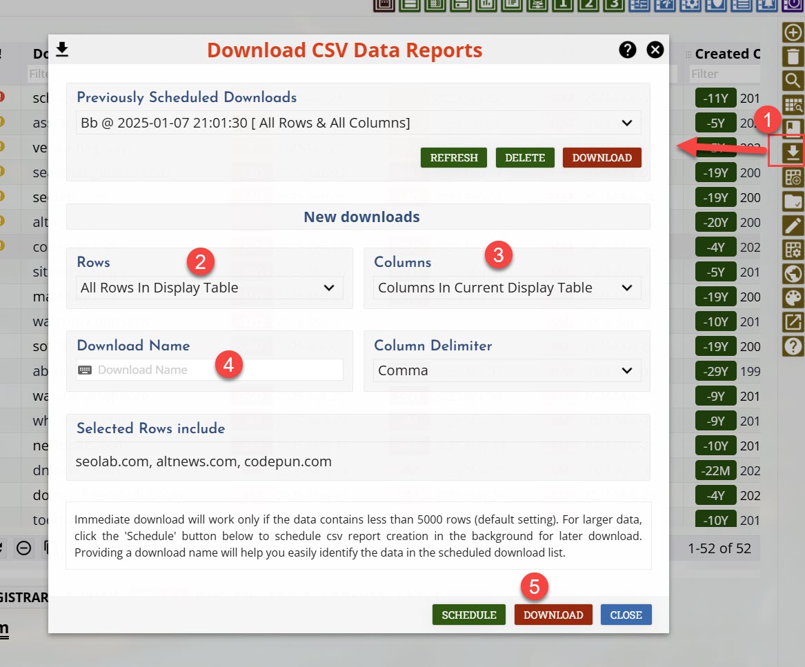 CSV Download Button in Domain Data Table