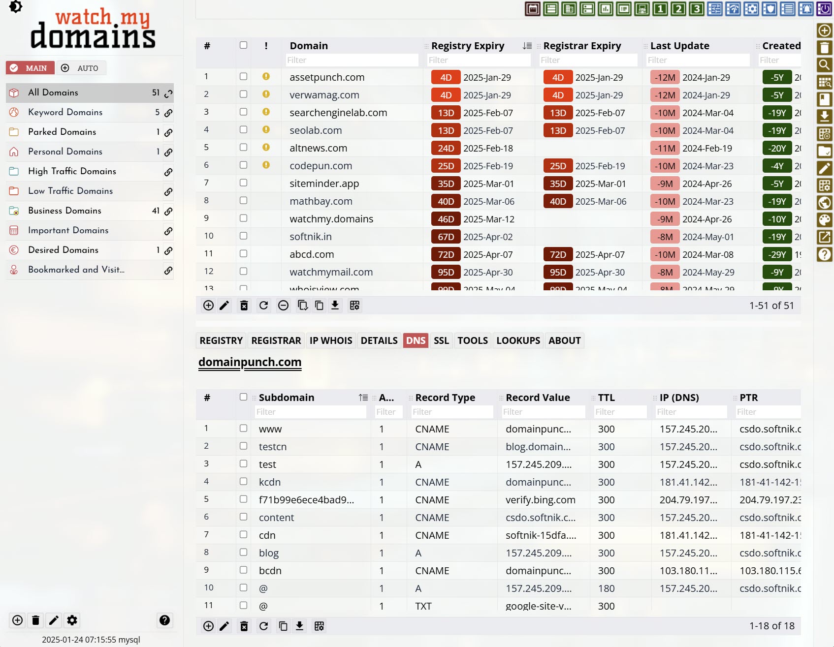 Watch My Domains SED Main Screen