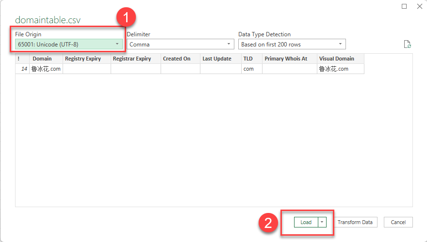 Excel import preview - Encoding set to UTF-8