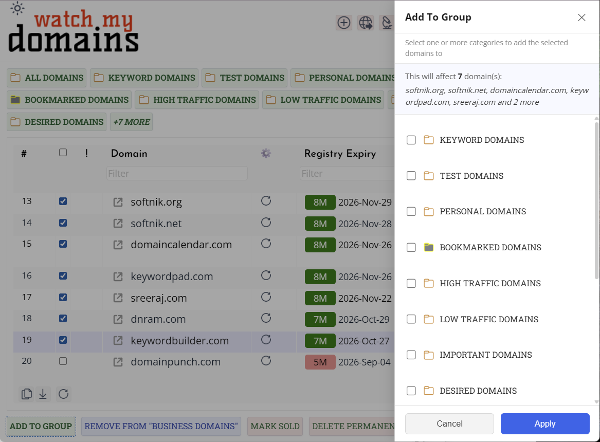 Add To Group side panel