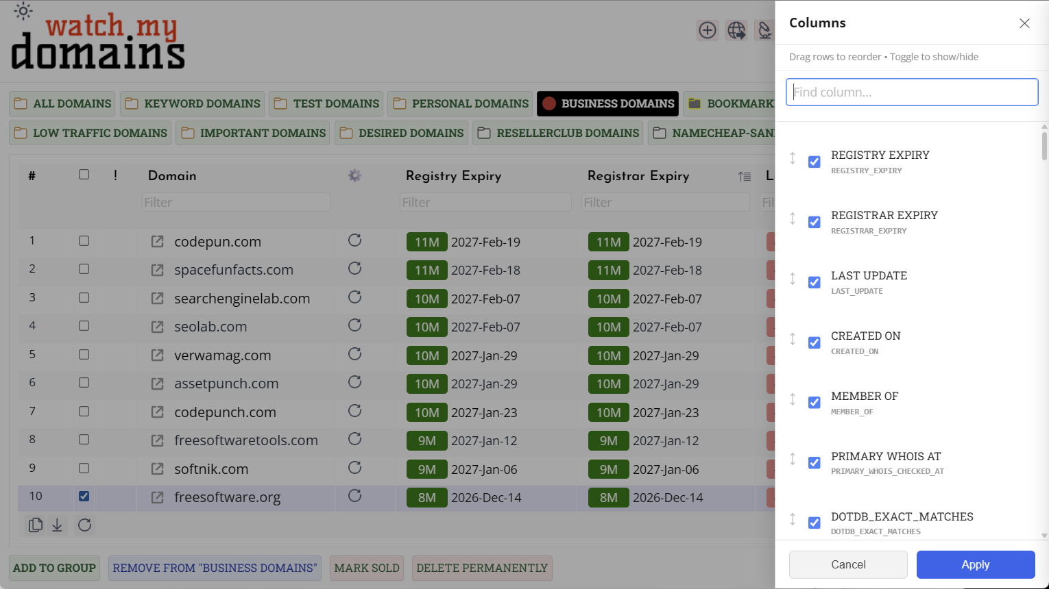 Column picker side panel