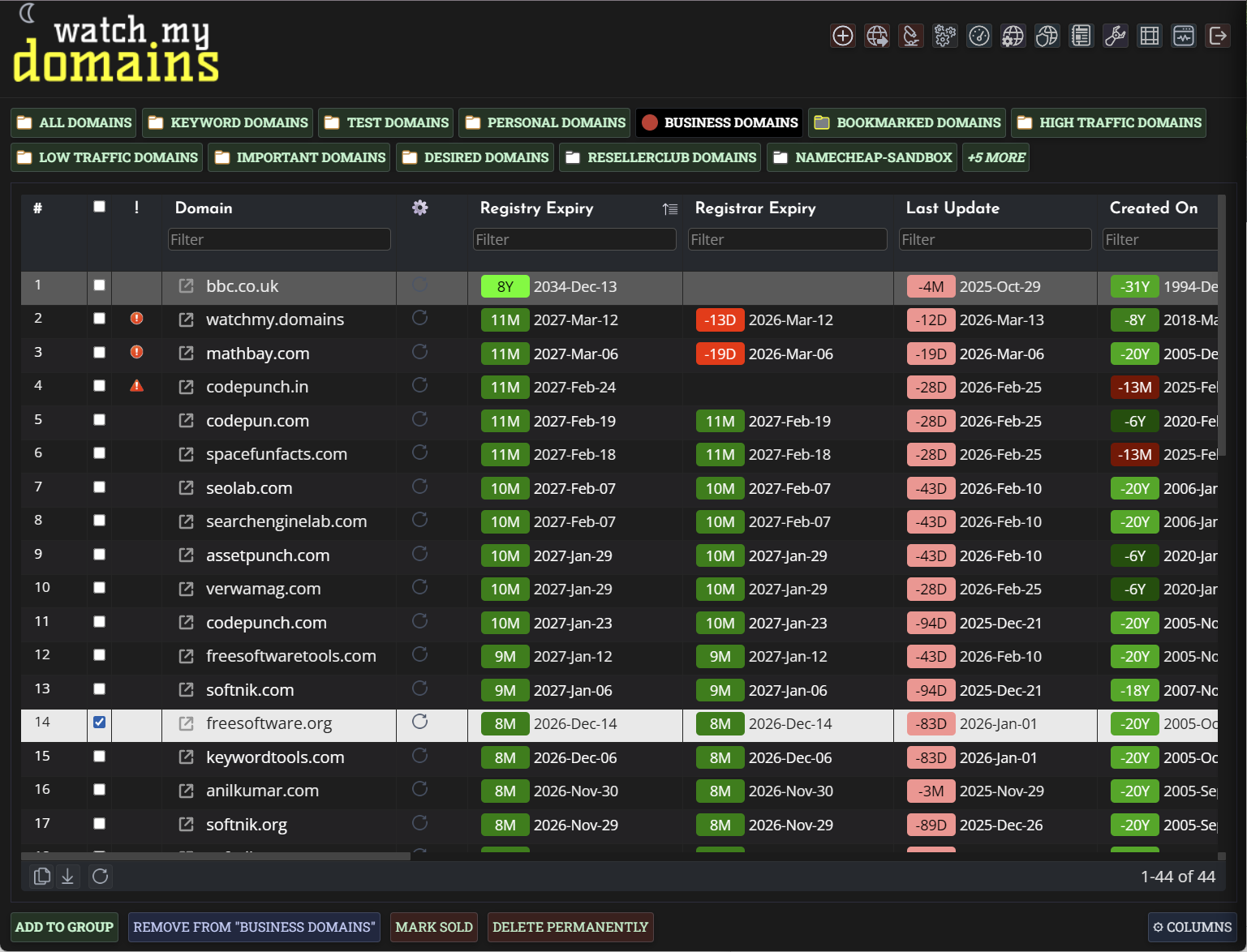 Domain Portfolio in dark mode