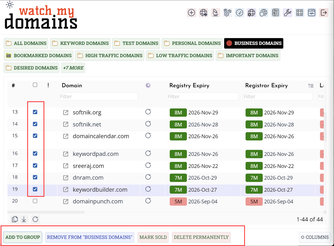 Footer action buttons with domains selected