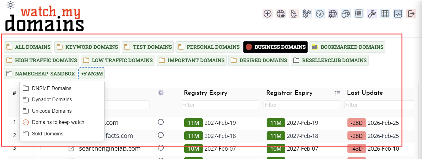 Domain table with category filter bar