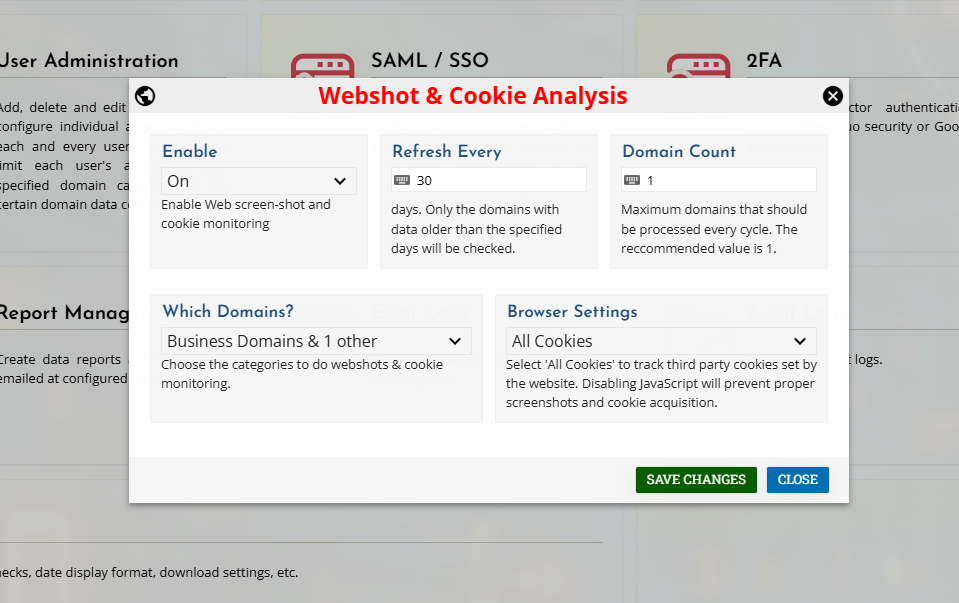 Enable webshots and cookie analysis