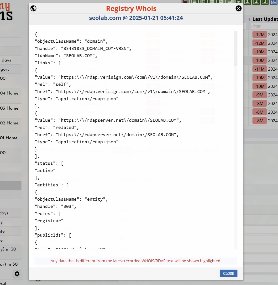 Whois/RDAP Popup Window